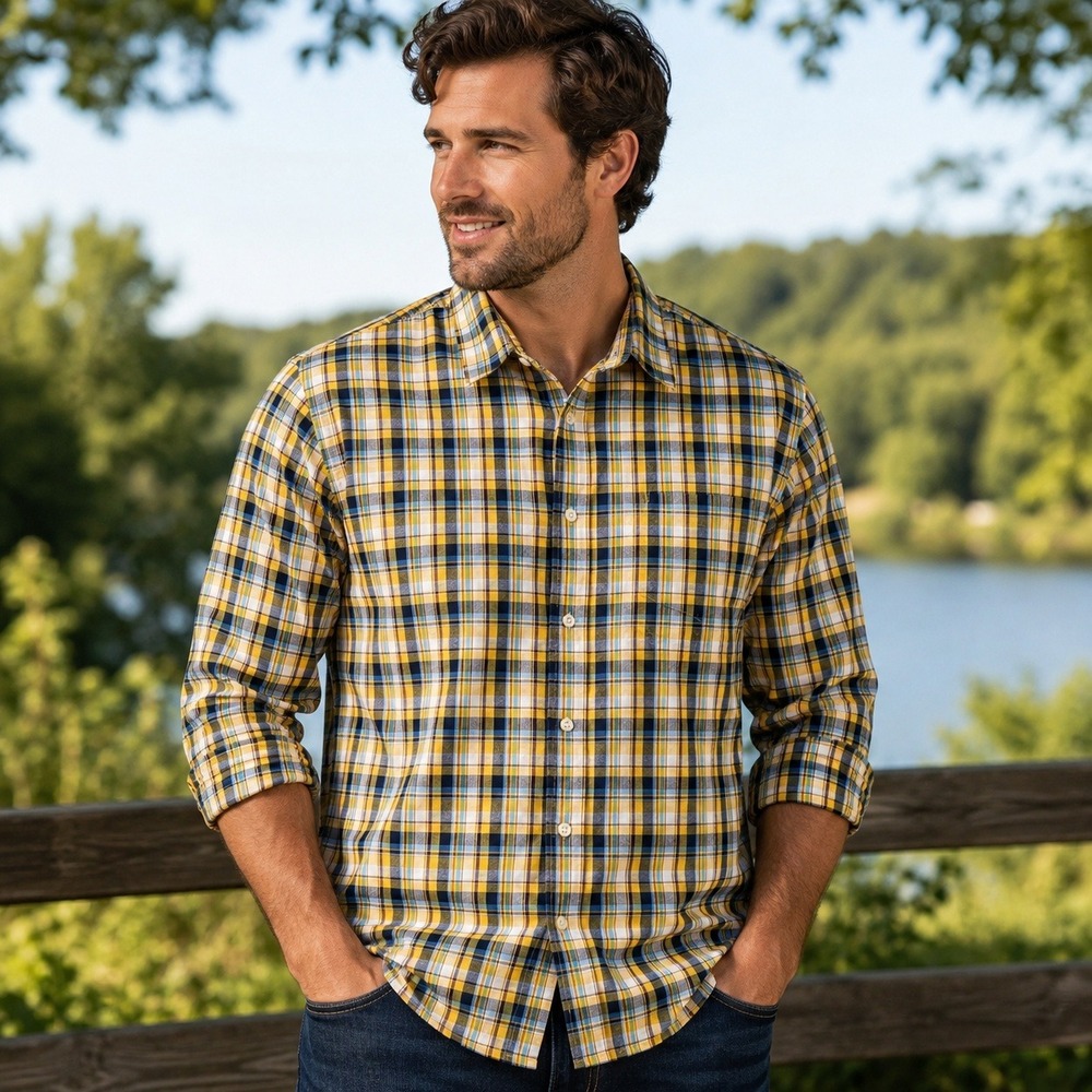 L.L. Bean Signature Button Down Mens Medium Yellow Blue Plaid Cotton Shirt